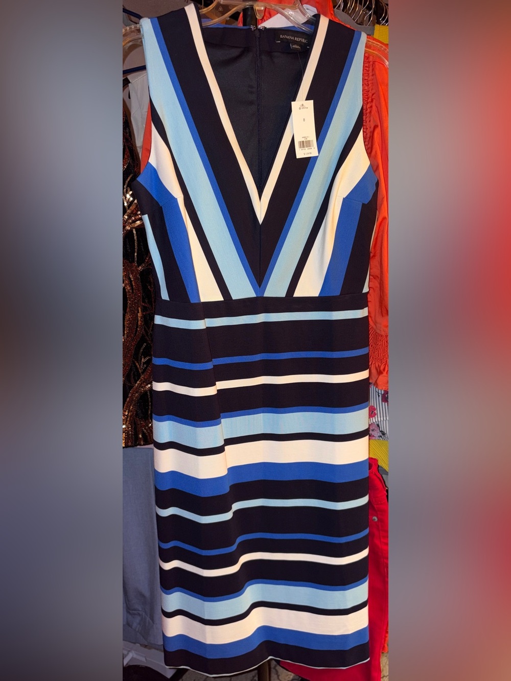 Banana Republic Navy, Royal & Light Blue Striped V-Neck Dress NWT